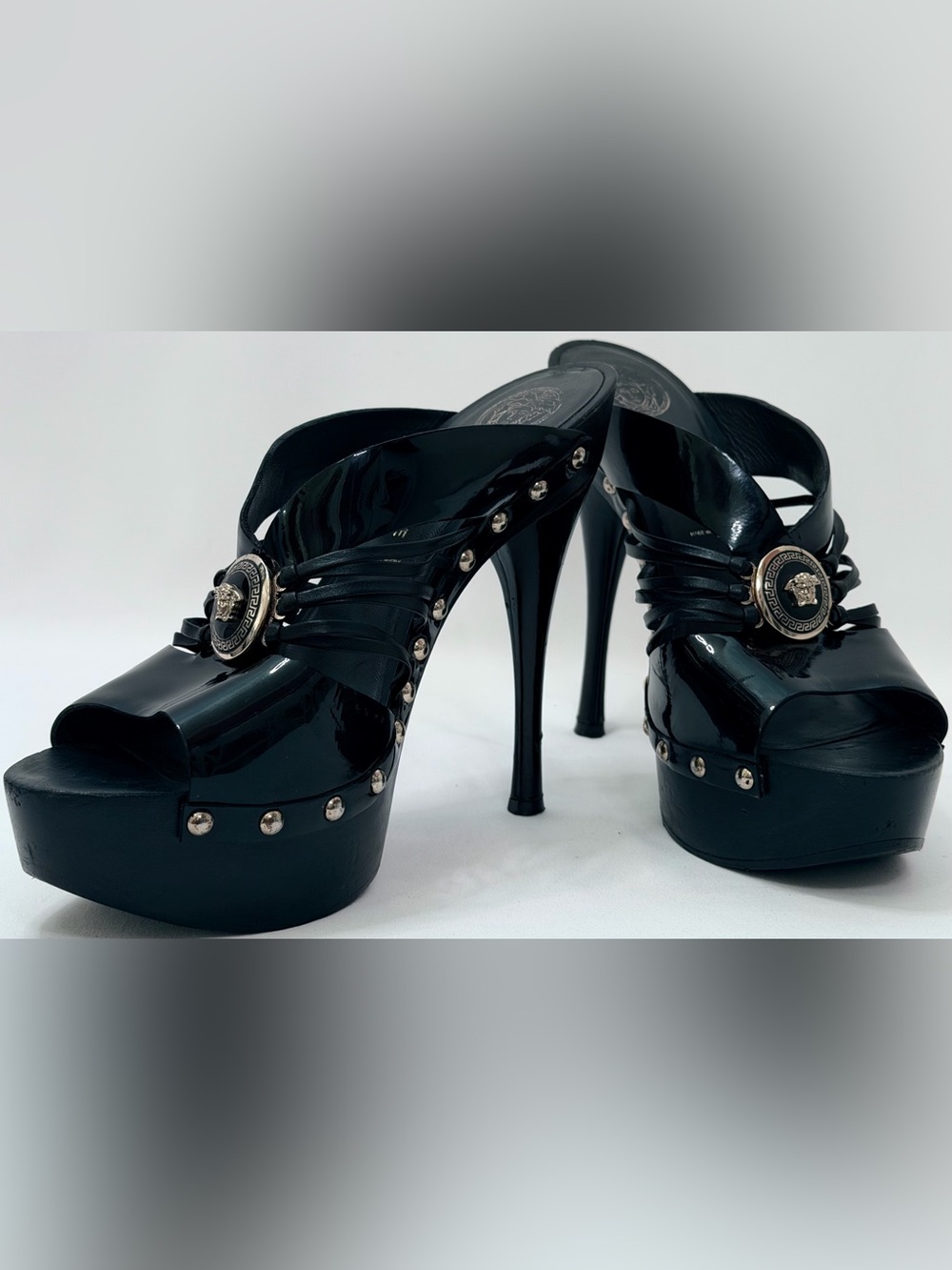 Versace Y2K Medusa Patent Leather Caged Platform Stiletto Mule Heels Black IT 38